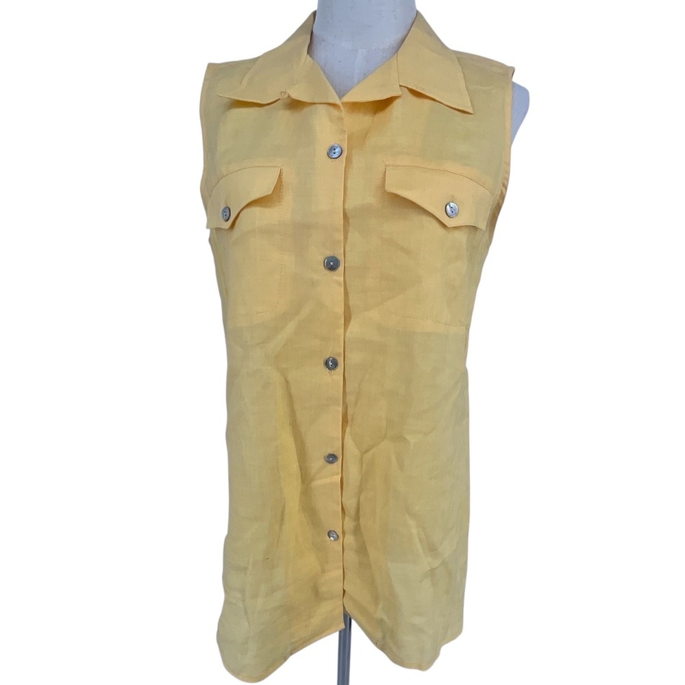 Vintage K Arnold Yellow Linen Button Front Sleeveless Shirt Top Womens M Beach‎